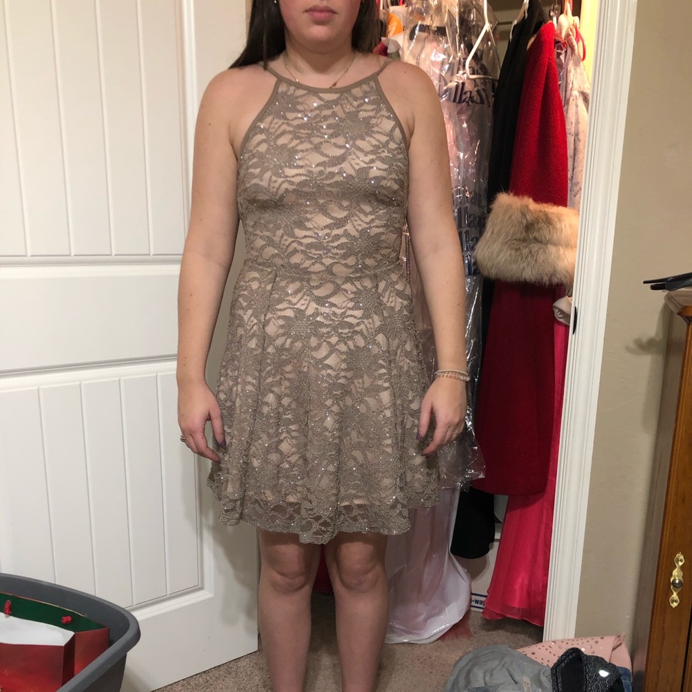lace tan and grey dress